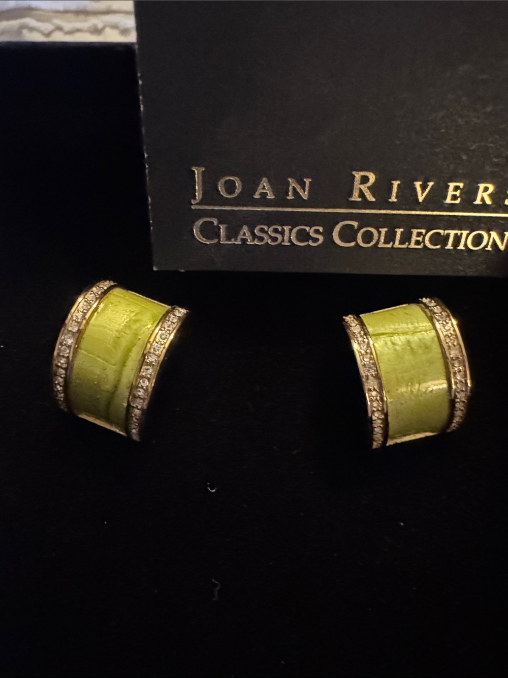 Joan Rivers Green Enamel Clip Earrings with box never worn